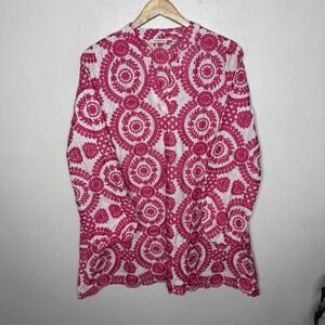 Sunday Up White Pink Embroidered Long Sleeve Tunic Dress Womens Medium Boho‎